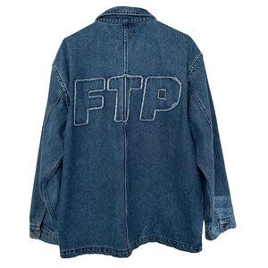 FTP Mens Frayed Denim Logo Chore Jean Jacket Size Large Blue Streetwear